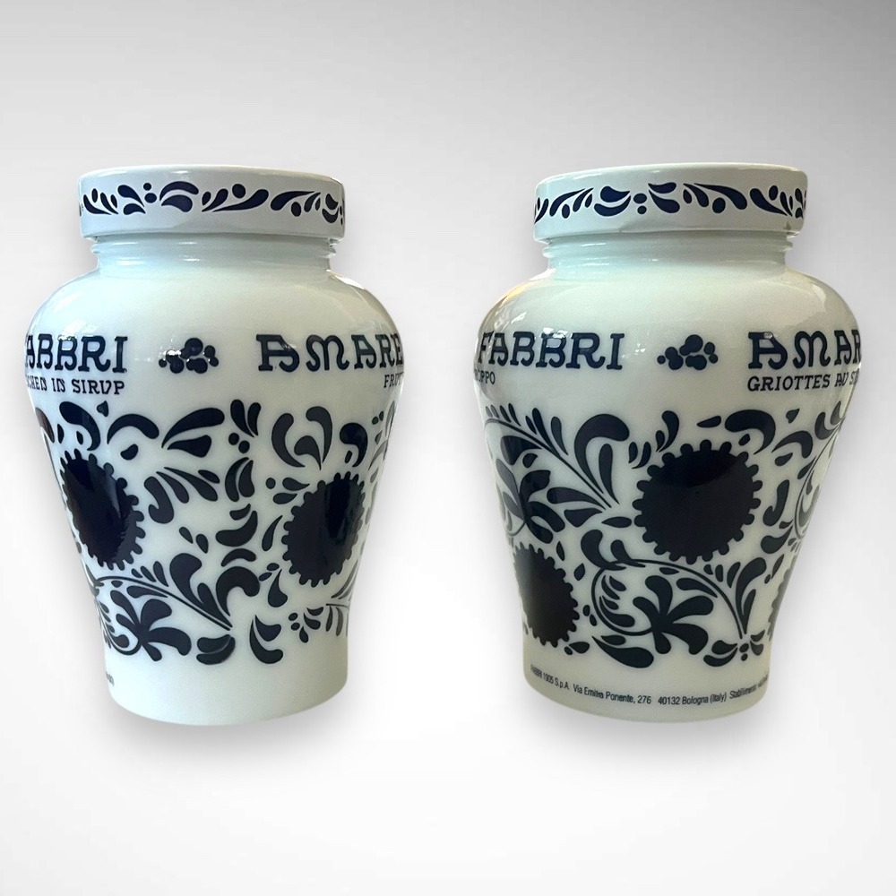 AMARENA FABBRI Pair Italian Blue White Floral Print Milk Glass With Lid | EUC